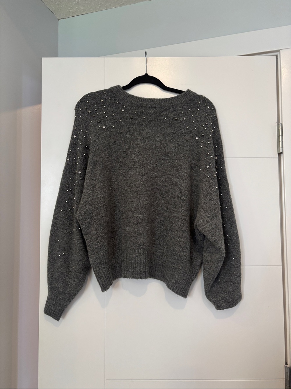 H&M Charcoal Gray Crewneck Sweater with Pearl Stud Embellishments